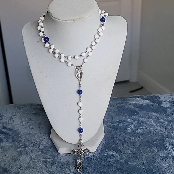 Elegant Rosary Beads White Ceramic & Blue Glass Beaded Necklace 20" - Picture 3 of 5